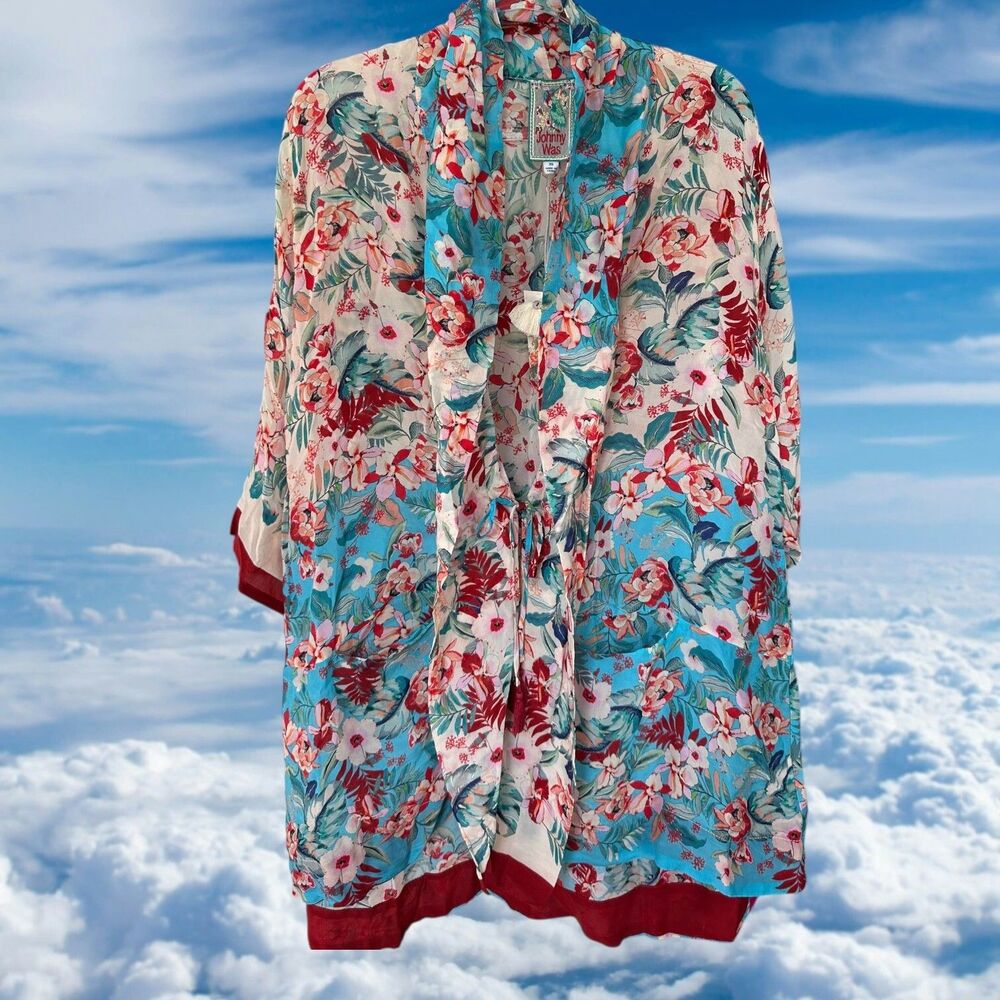 Johnny Was Women's Jade Red & Blue Kimono Floral Coatigan, Rayon, Size XS NWT